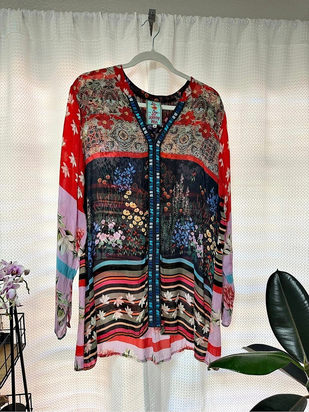 Johnny Was Boho Floral Mixed Print Tunic Top, Embroidered Trim, Size XL